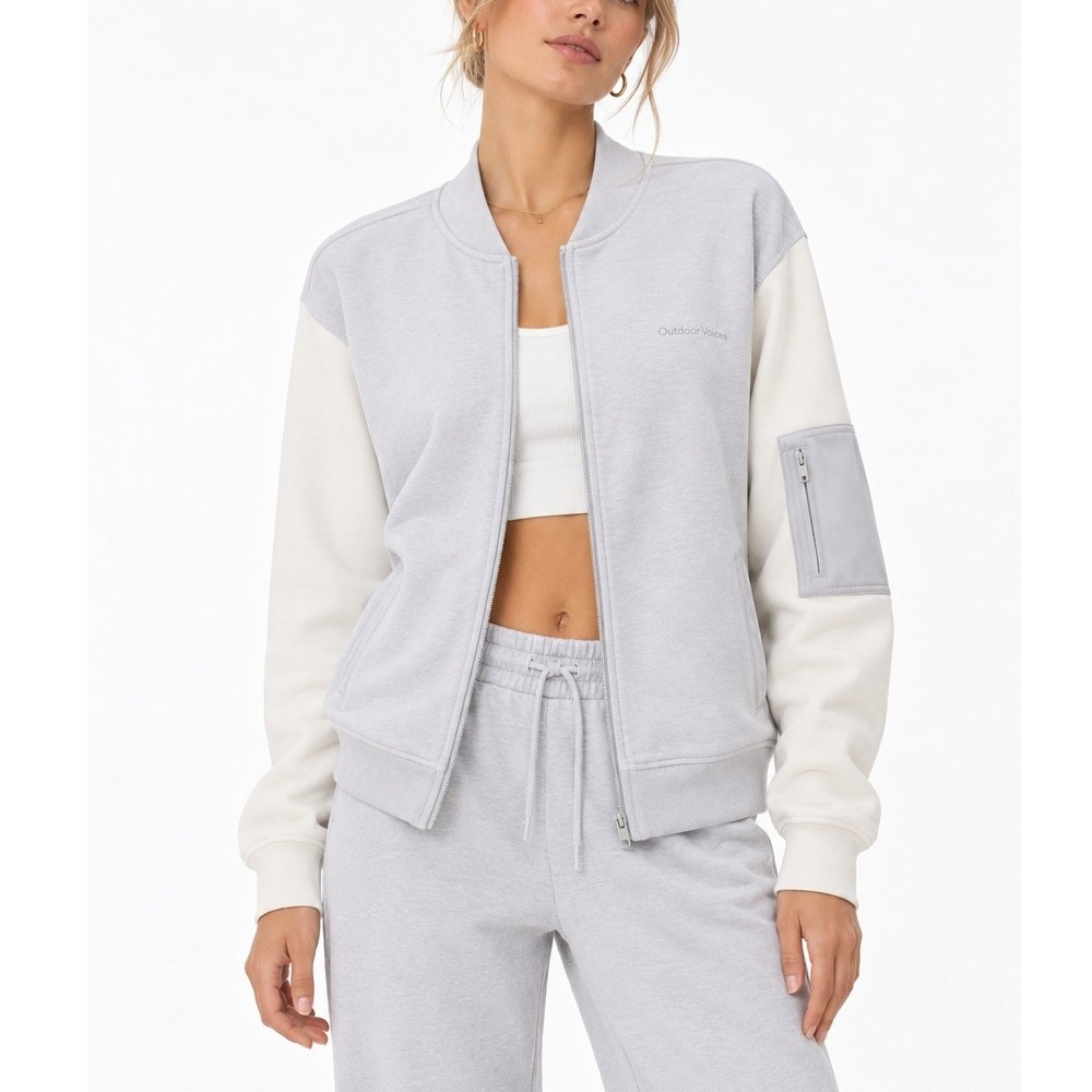 Outdoor Voices Women's Large Pickup Bomber Jacket Dove Bone Sweatshirt Style